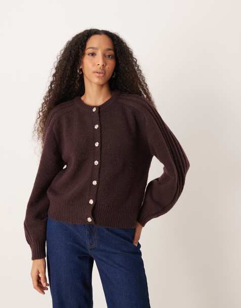 JDY crew neck cardigan with sleeve detail in chocolate