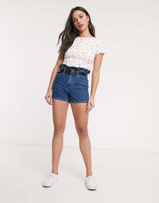 high waisted paperbag denim shorts