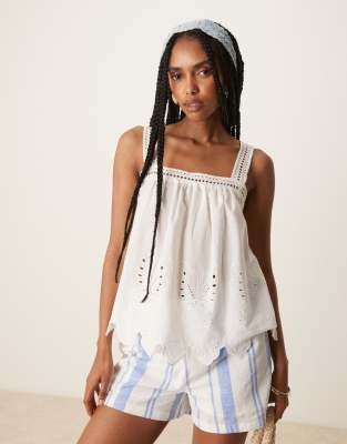 cami smock top with broderie detail in white