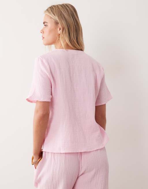 JDY - Camicia a maniche corte allacciata sul davanti in mussola rosa in coordinato, 3 di 4