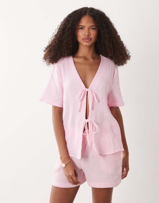 JDY - Camicia a maniche corte allacciata sul davanti in mussola rosa in coordinato