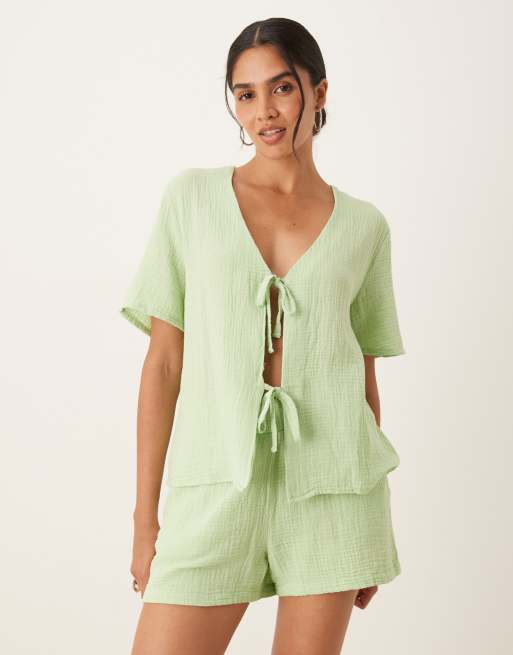 JDY - Camicia a maniche corte allacciata sul davanti in mussola verde pistacchio in coordinato, 2 di 4