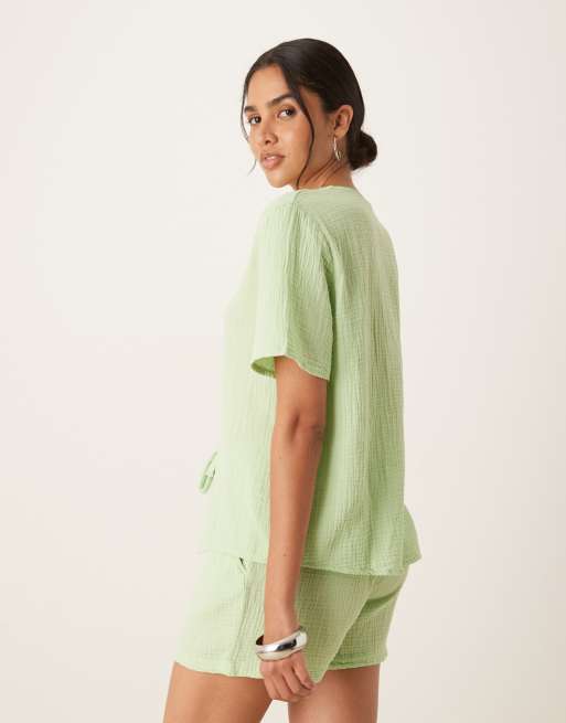 JDY - Camicia a maniche corte allacciata sul davanti in mussola verde pistacchio in coordinato, 4 di 4