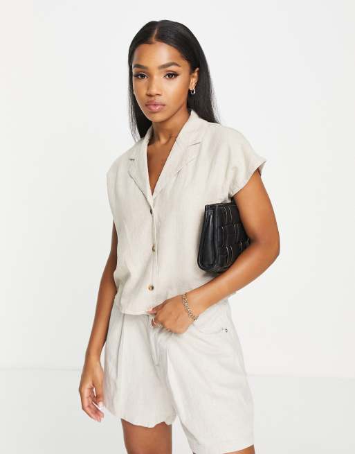 JDY - Camicia a maniche corte in lino beige in coordinato 
