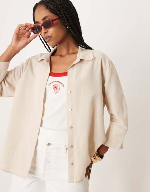 JDY - Camicia a maniche corte in lino color avena