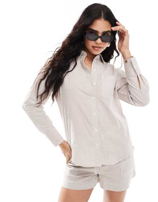 JDY - Camicia a maniche lunghe a righe testurizzate beige e bianche