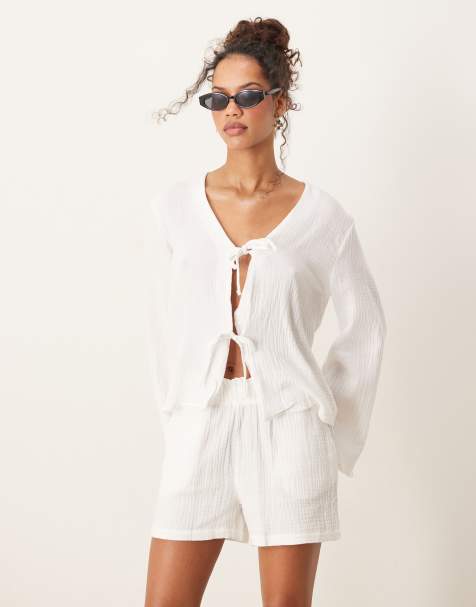 JDY - Camicia allacciata sul davanti in mussola bianca in coordinato - view 1
