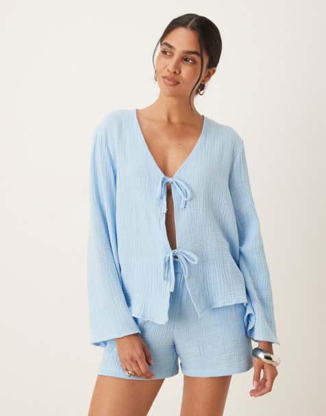 JDY - Camicia allacciata sul davanti in mussola blu polvere in coordinato - view 1