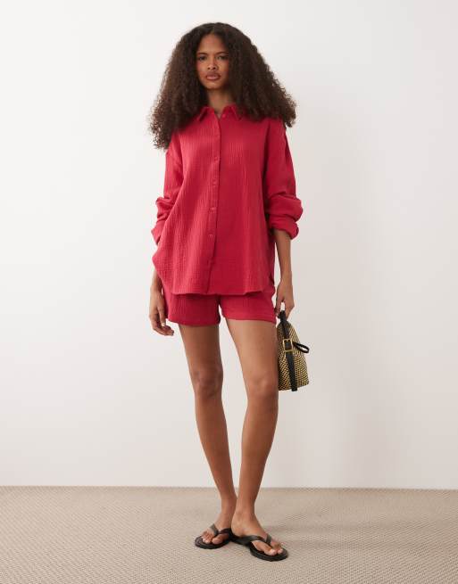 JDY - Camicia ampia in mussola rossa in coordinato, 3 di 4