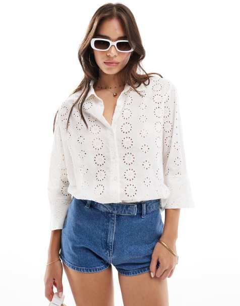 JDY - Camicia bianco sporco traforata con maniche a tre quarti - view 1