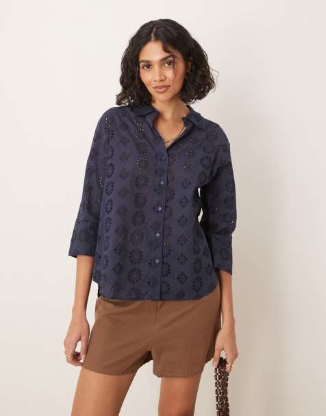 JDY - Camicia blu navy traforata con maniche a tre quarti - view 1
