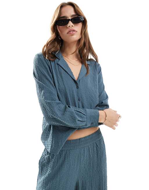 JDY - Camicia boyfriend ampia in seersucker grigio scuro in coordinato