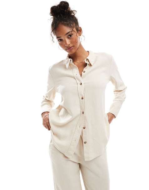 JDY - Camicia comoda in misto lino color pietra in coordinato - view 1