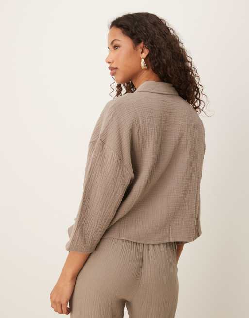JDY - Camicia corta in mussola marrone chiaro in coordinato, 2 di 4