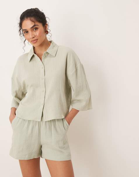JDY - Camicia corta in mussola verde salvia in coordinato - view 1