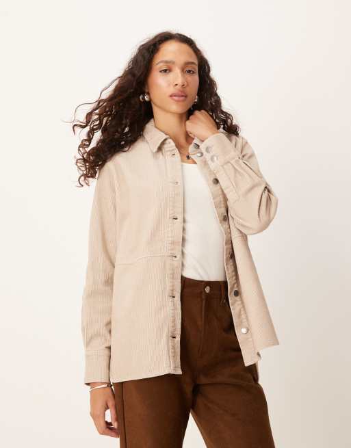  JDY - Camicia giacca comoda in velluto a coste color crema, 2 di 4