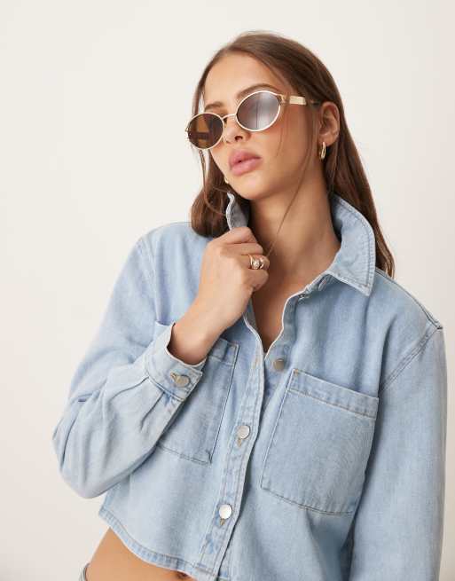 JDY - Camicia giacca squadrata in denim lavaggio azzurro, 4 di 4