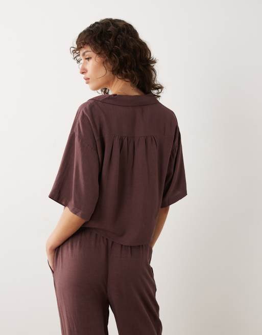 JDY - Camicia in misto lino bordeaux allacciata sul davanti in coordinato, 3 di 4
