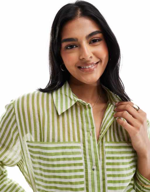 JDY - Camicia squadrata a maniche lunghe a righe testurizzate beige e verde oliva, 3 di 4