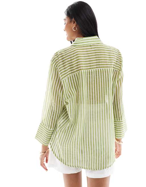 JDY - Camicia squadrata a maniche lunghe a righe testurizzate beige e verde oliva, 4 di 4