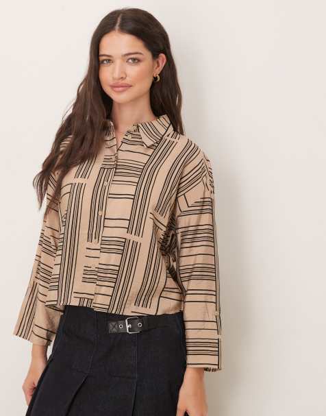 JDY - Camicia squadrata beige con righe astratte - view 1