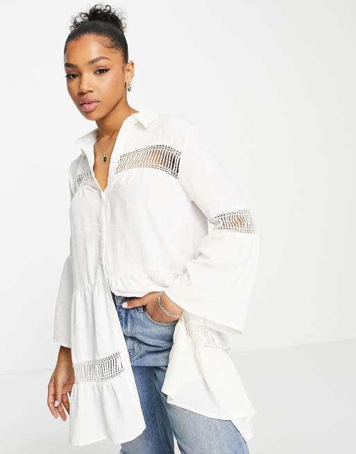 JDY - Camicia stile tunica taglio lungo bianca con inserto in pizzo