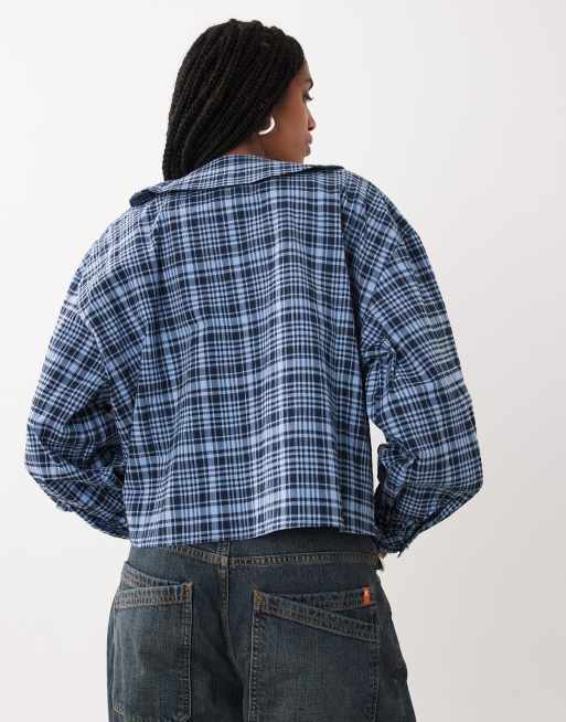 JDY - camisa con detalle en el cuello a cuadros azul marino, 4 de 4