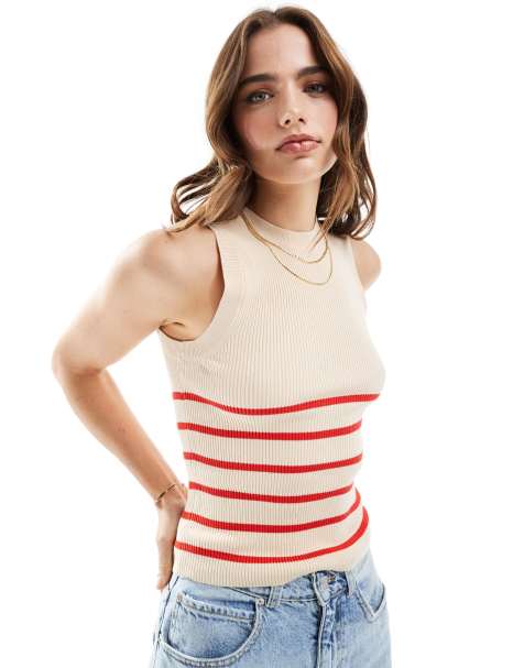 JDY - Canotta in maglia beige a righe rosse - view 1