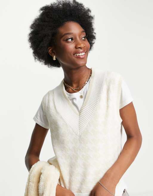 JDY - Canotta in maglia con scollo a V, colore crema a quadri