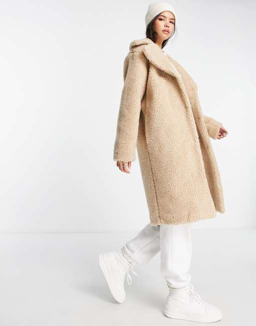 JDY - Cappotto beige taglio lungo effetto teddy