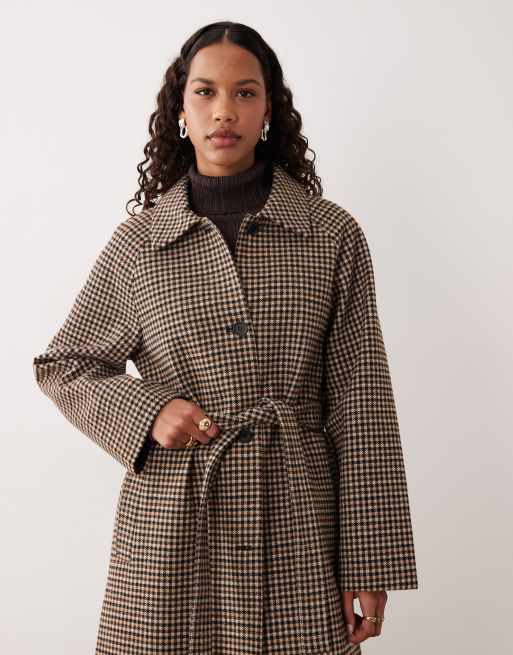 JDY - Cappotto lungo con cintura in lana marrone a quadri, 2 di 4