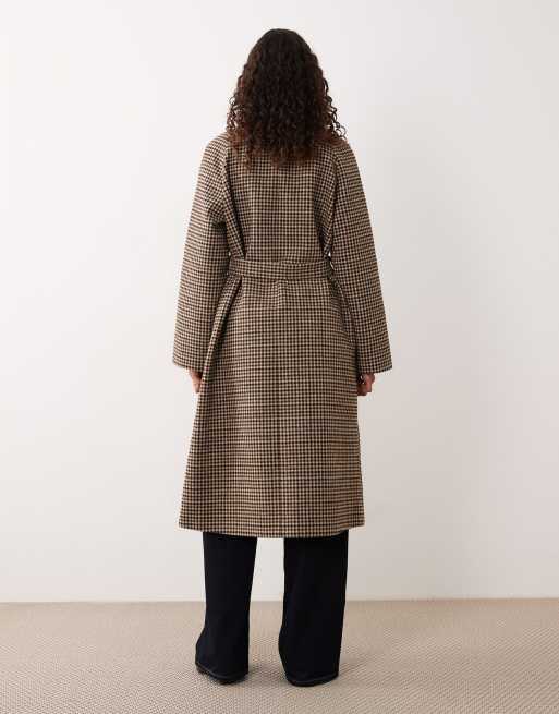 JDY - Cappotto lungo con cintura in lana marrone a quadri, 4 di 4