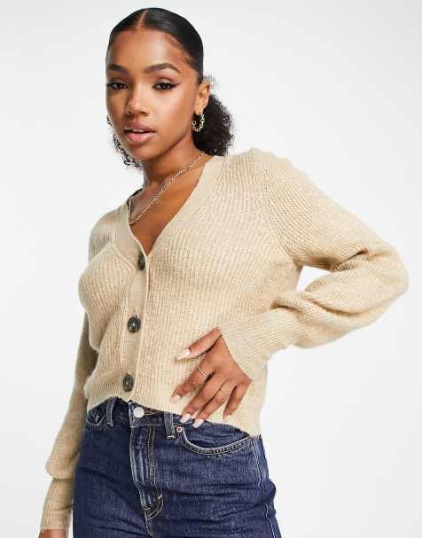 JDY - Cardigan a coste beige con scollo a V - view 1