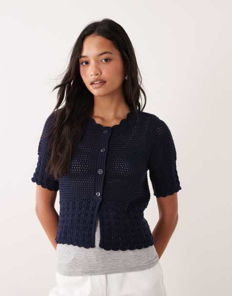 JDY - Cardigan a maniche corte in maglia traforata blu navy - view 1