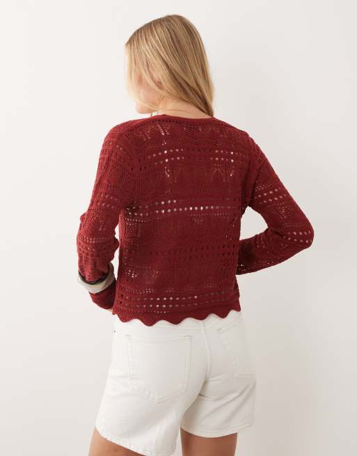 JDY - Cardigan allacciato sul davanti all'uncinetto bordeaux, 4 di 4