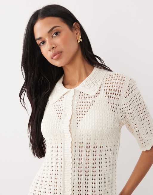 JDY - Cardigan all'uncinetto a maniche corte color crema