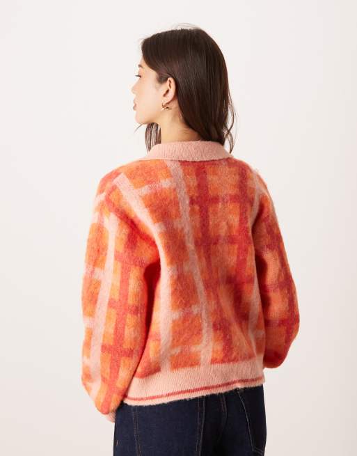JDY - Cardigan arancione a quadri con colletto polo, 3 di 4