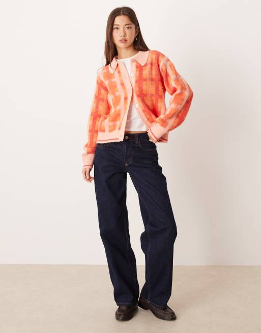JDY - Cardigan arancione a quadri con colletto polo, 4 di 4