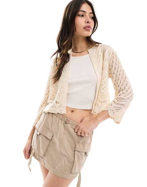 JDY - Cardigan corto in pizzo sangallo crema con maniche a tre quarti - view 1