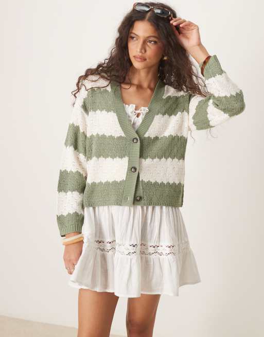 JDY - Cardigan extra largo a righe verdi in maglia traforata
