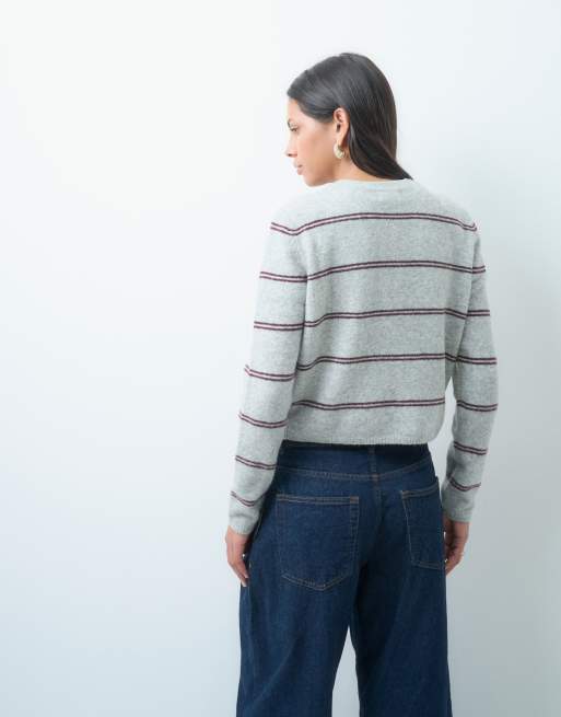 JDY cardigan girocollo a righe grigie e bordeaux, 4 di 4