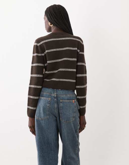 JDY cardigan girocollo a righe marroni e grigie, 4 di 4