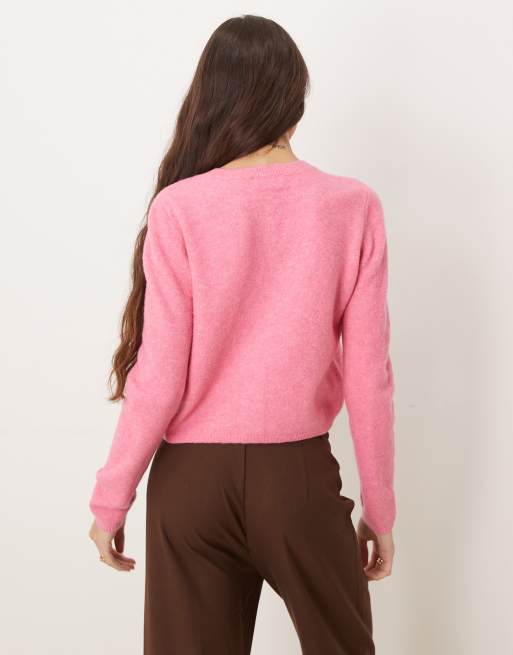JDY - Cardigan girocollo in misto lana color rosa acceso, 2 di 4