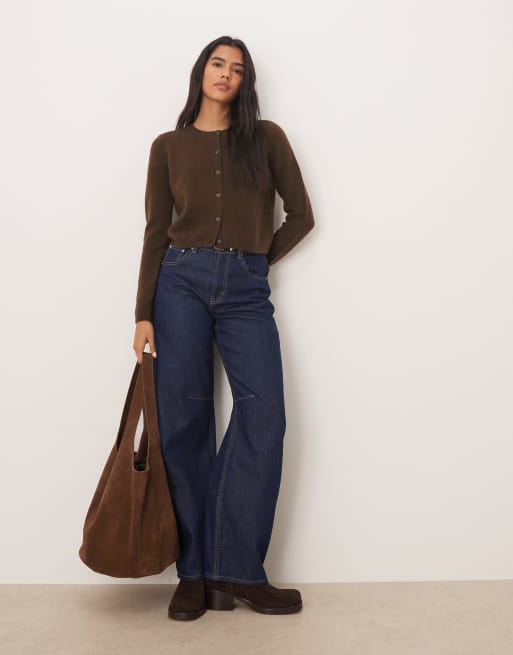 JDY - Cardigan girocollo in misto lana marrone scuro, 2 di 4