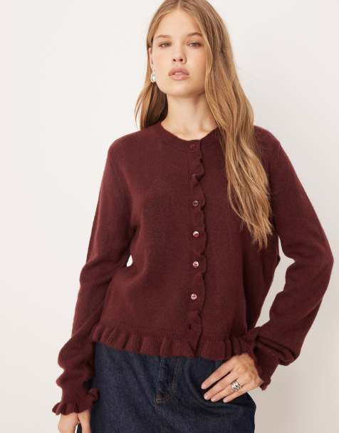 JDY - Cardigan in maglia bordeaux con volant - view 1