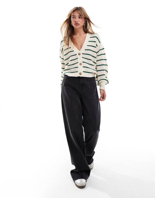JDY - Cardigan in maglia color crema a righe verdi, 2 di 4