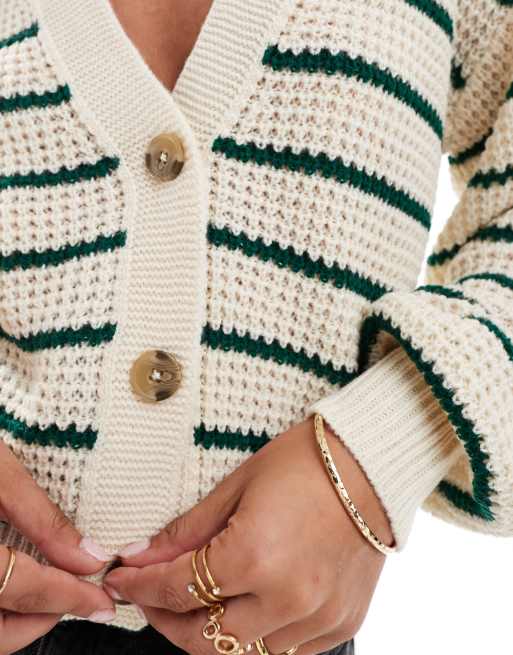 JDY - Cardigan in maglia color crema a righe verdi, 3 di 4