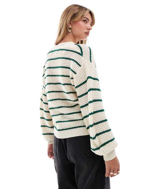 JDY - Cardigan in maglia color crema a righe verdi, 4 di 4
