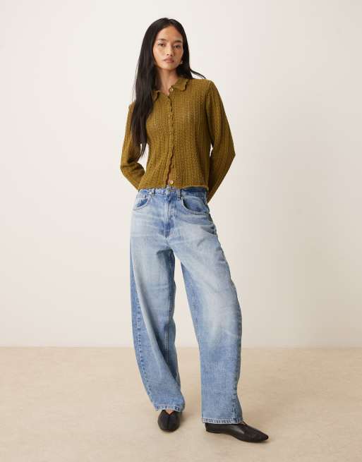 JDY - Cardigan in maglia traforata verde con scollo stile polo, 2 di 4