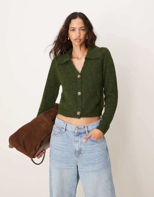 JDY - Cardigan in maglia verde scuro con colletto stile polo